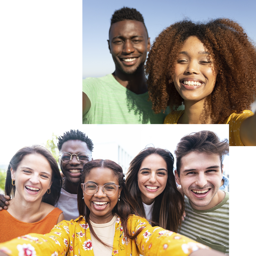 Two photos of groups of friends smiling. Top: Two people, one wearing a green t-shirt, the other in yellow against a clear blue sky. Bottom: Five people, with diverse hairstyles and attire, smiling and posing together against a blurred outdoor background.