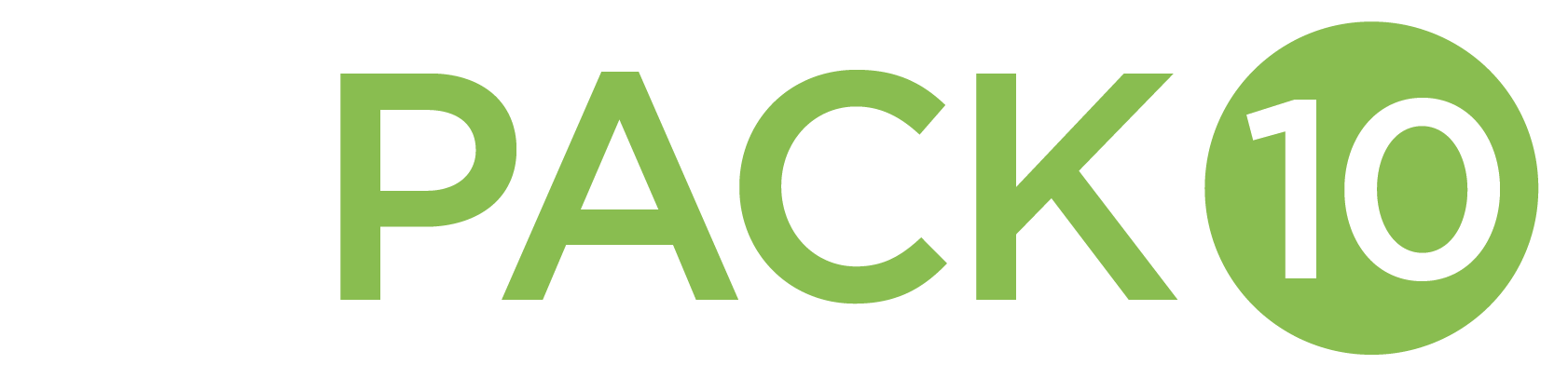The image shows the text "PACK" in large, green, uppercase letters. Next to it is a green circle with the number "10" inside it, also in white. The background is white.