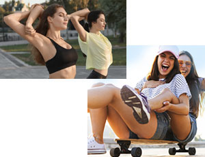 Top image: Two women stretching outdoors, one in a black sports bra with her arms up, and the other in a yellow shirt extending her arms. Bottom image: Two women, one in a striped shirt and hat, laughing as they sit together on a skateboard.
