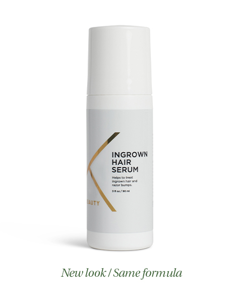 White cylindrical bottle of ingrown hair serum with gold and black text. The label reads “INGROWN HAIR SERUM - helps to treat ingrown hair and razor bumps.” Text below the image says "New look / Same formula".