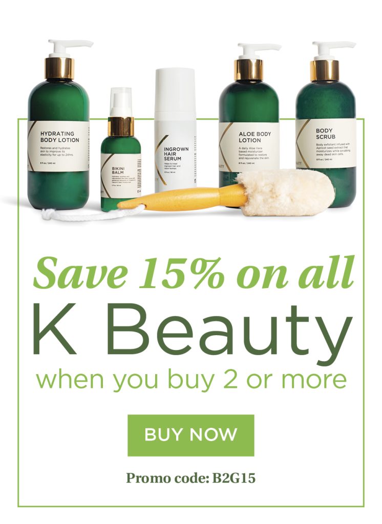 Promotional image displaying various K Beauty skincare products, including lotions, a serum, and a body scrub. The text reads, "Save 15% on all K Beauty when you buy 2 or more from Uni K Wax Studio." There is a "BUY NOW" button and a promo code: B2G15 at the bottom.