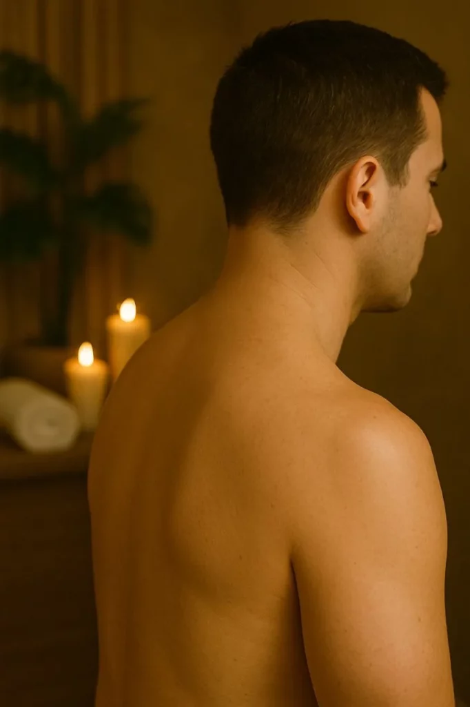 Man relaxing at a peaceful spa environment.
