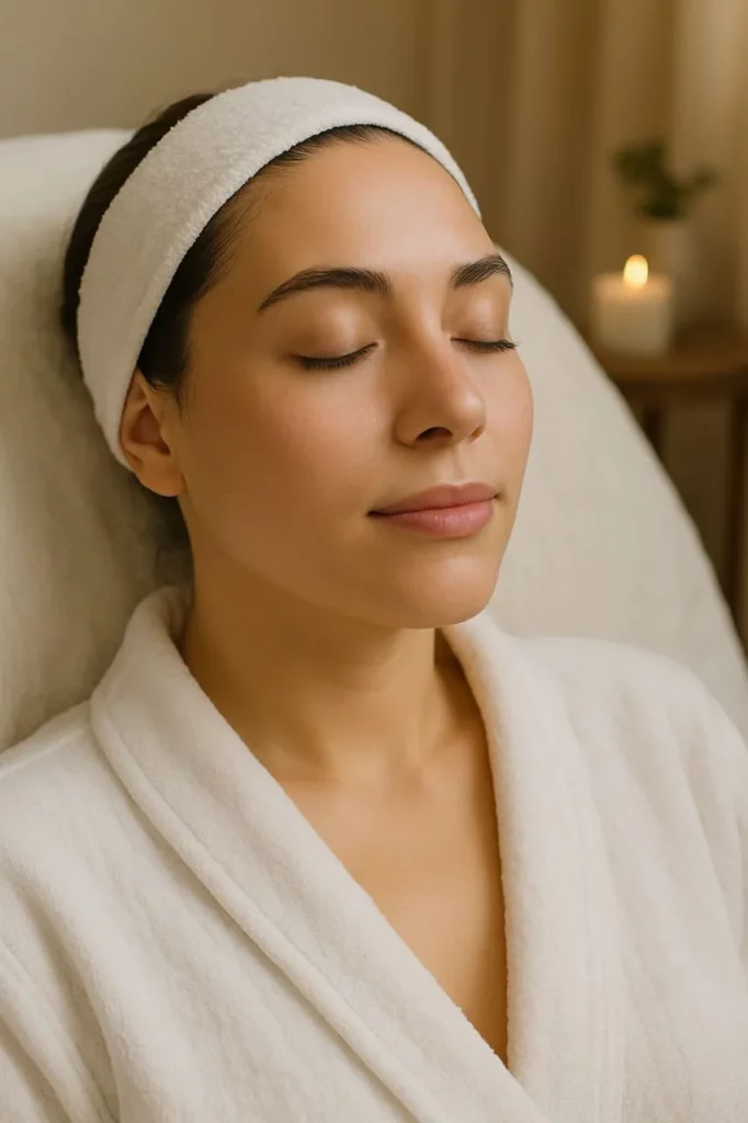 Woman relaxing in a spa with eyes closed.