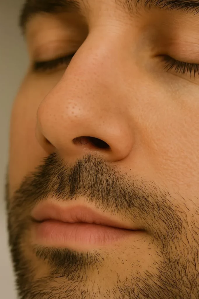 Close-up of a man's face with closed eyes.