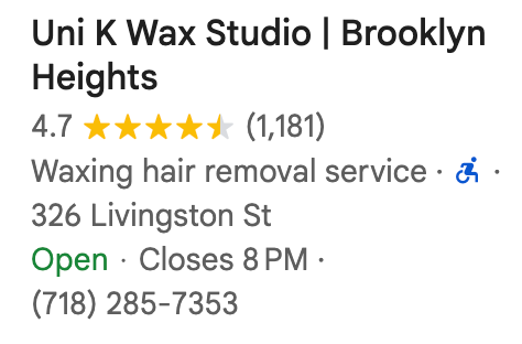 Uni K Wax Studio, Brooklyn Heights contact info and hours.