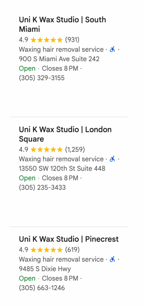 Uni K Wax Studio locations and ratings.