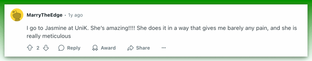 Positive review for Jasmine at UniK salon.