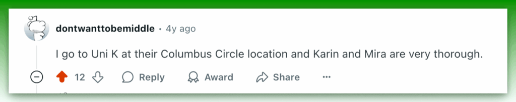 Reddit review praising Uni K staff at Columbus Circle.