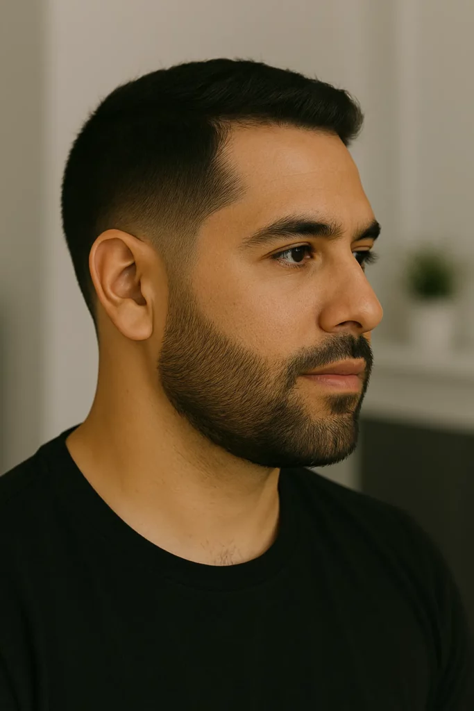 Close-up of man with beard and black shirt.